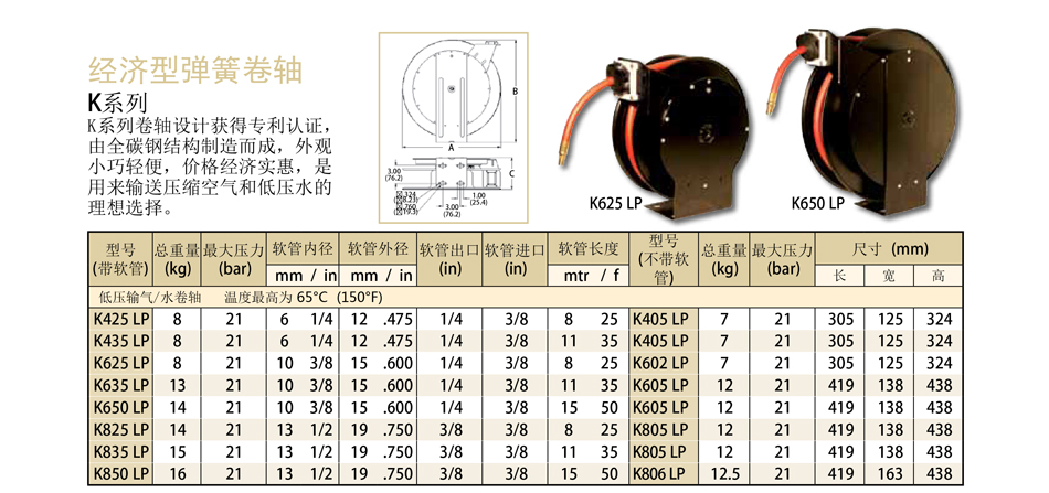 经济型弹簧卷轴；工业弹簧卷轴；K625 LP卷轴